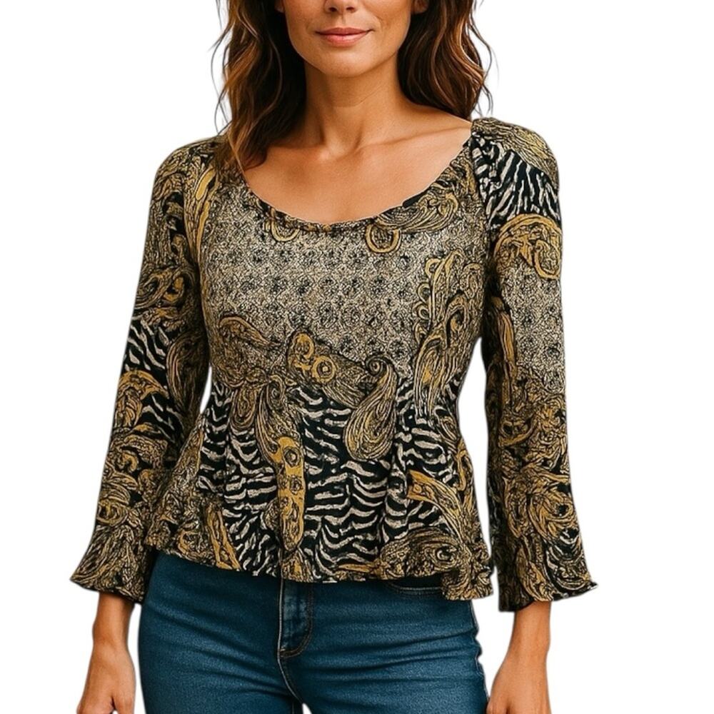 Retro Crinkle Babydoll Blouse Brown Tan Boho Tunic Balloon Sleeve Top Large